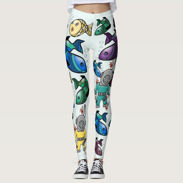 Under The Sea - Cute Colourful Fish and Divers Leggings (Front)
