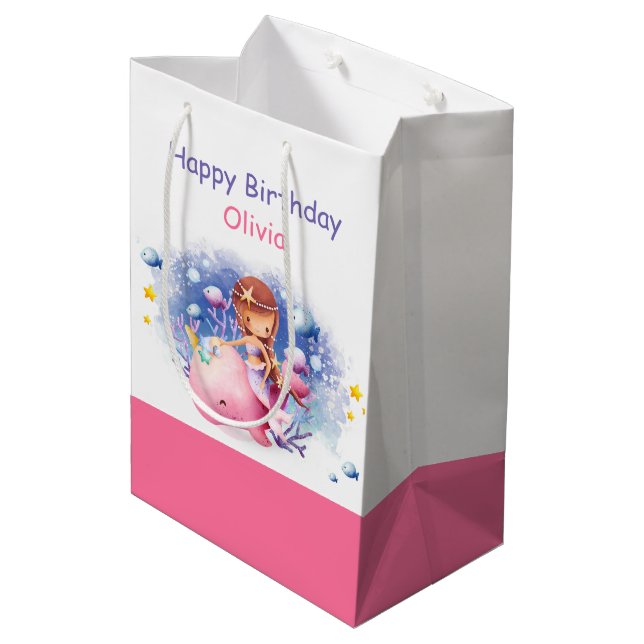 Under the Sea, Cute Mermaid Birthday Medium Gift Bag (Back Angled)
