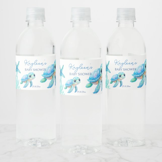 Under the sea cute turtle aqua blue baby shower water bottle label (Bottles)