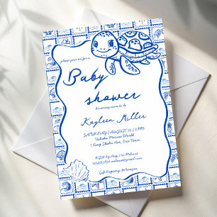 Under the sea cute turtle blue baby shower invitation