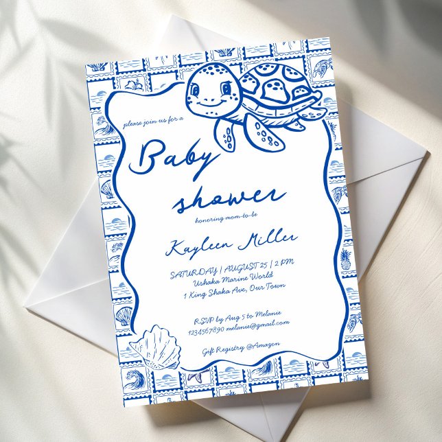 Under the sea cute turtle blue baby shower invitation (Under the sea cute turtle blue post stamps wavy border baby shower invitation cards template)