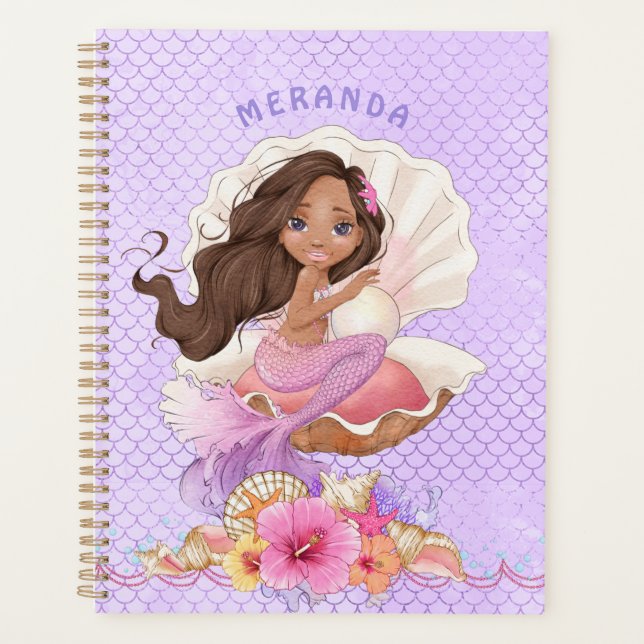 Under the Sea Dark Skinned Mermaid and Sea Shell Planner (Front)
