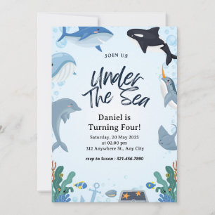 Under The Sea Dolphin Shark Whales Birthday  Announcement