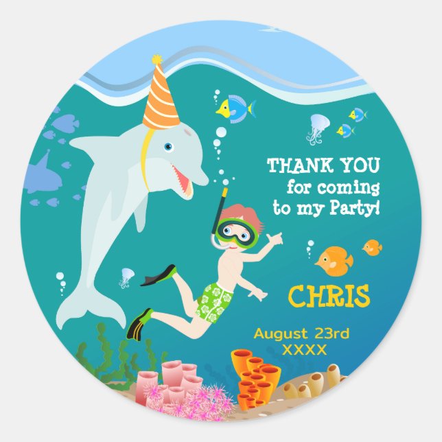 Under the sea dolphins and boy birthday party classic round sticker (Front)