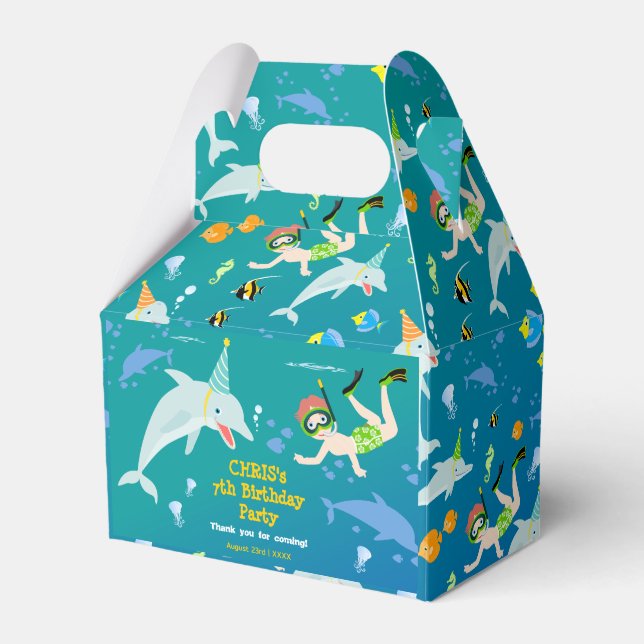 Under the sea dolphins and boy birthday party favor box (Front Side)