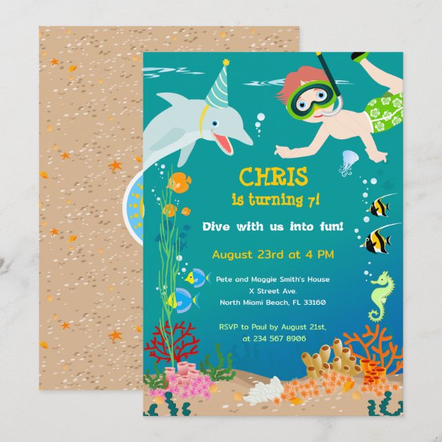 Under the sea dolphins and boy birthday party invitation (Front/Back)