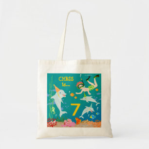 Under the sea dolphins and boy birthday party tote bag