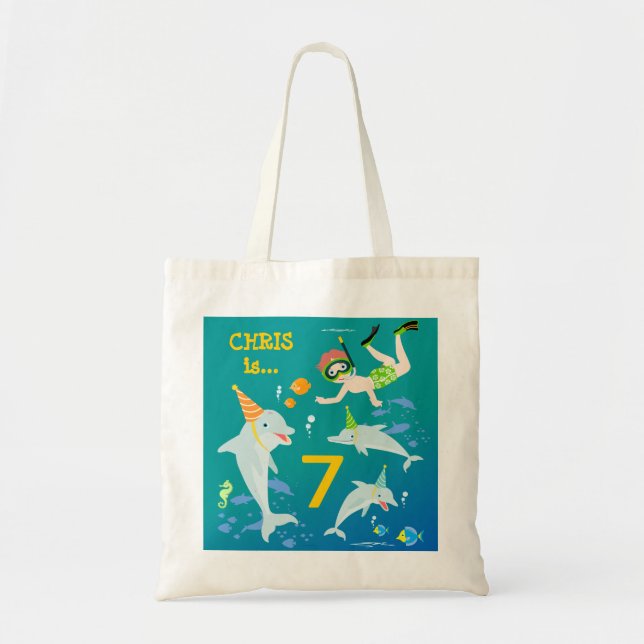 Under the sea dolphins and boy birthday party tote bag (Front)