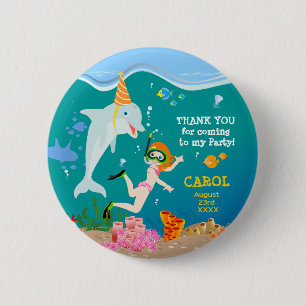 Under the sea dolphins and girl Birthday Party 2 Inch Round Button