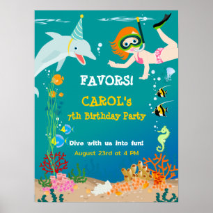 Under the sea dolphins and girl Birthday Party Poster