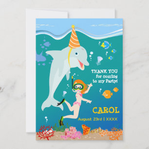 Under the sea dolphins and girl Birthday Party Thank You Card