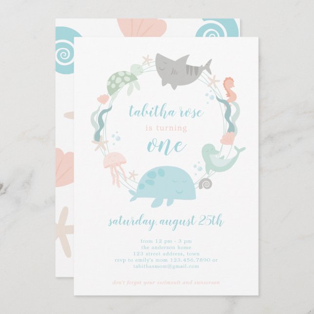Under The Sea First Birthday Invitation (Front/Back)