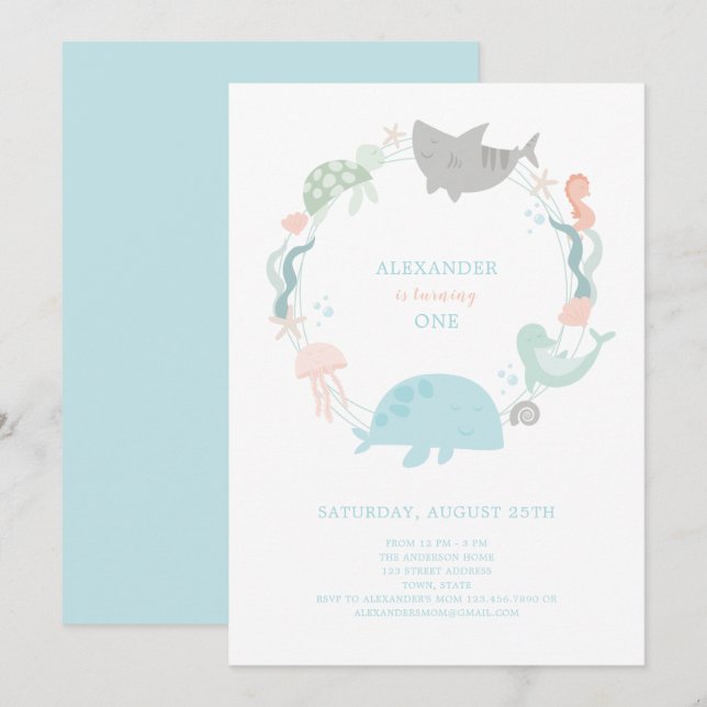 Under The Sea First Birthday Invitation (Front/Back)