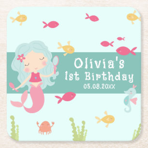 Under The Sea First Birthday Mermaid Square Paper Coaster