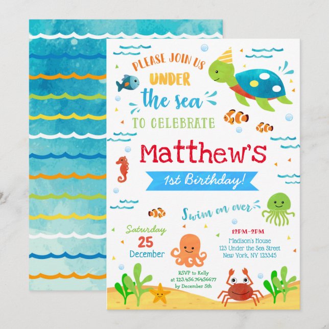 Under the Sea Fish First Birthday Invitations  (Front/Back)