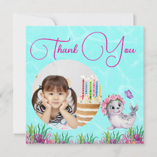 Under The Sea Floral Sea Lion Photo Girly Birthday Thank You Card
