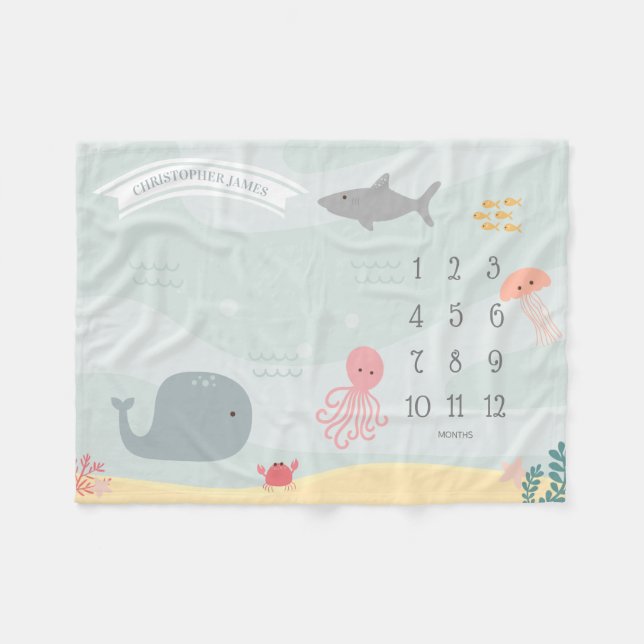 Under The Sea Friends Boys Milestone Fleece Blanket (Front (Horizontal))