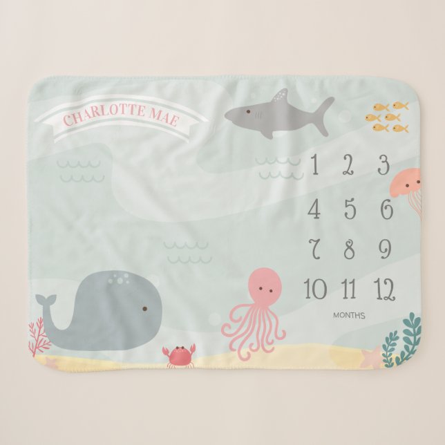 Under The Sea Friends Milestone Sherpa Blanket (Front (Horizontal))