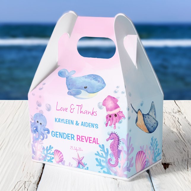 Under the sea gender reveal pink blue favor box (Under the sea gender reveal favors pink and blue cute sea creatures personalized printed favor box)