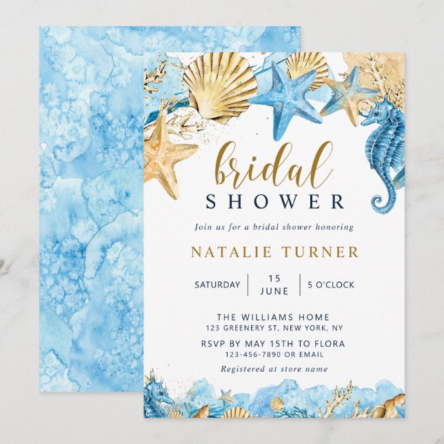 Under the Sea | Gold and Blue Bridal Shower  Invitation (Front/Back)