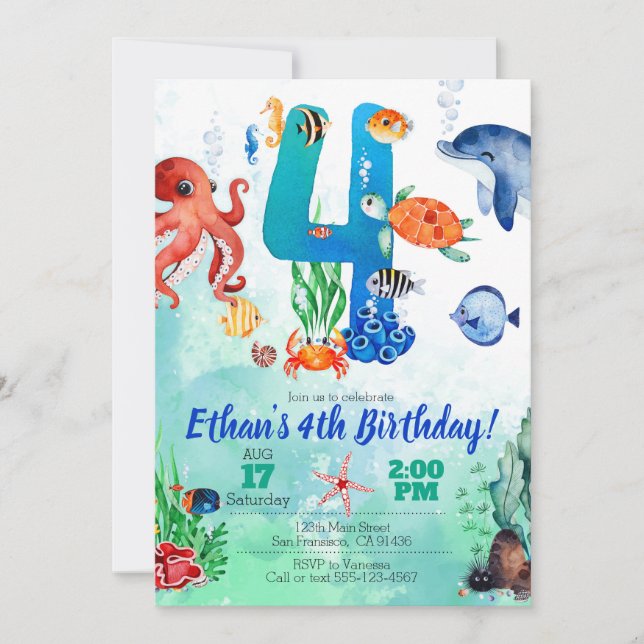Under The Sea Invitation for 4th Birthday (Front)