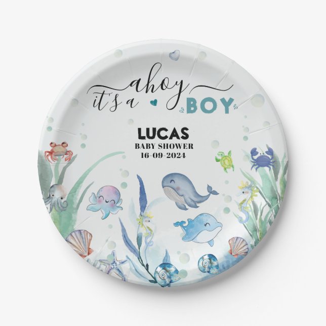 under the sea its a boy baby shower  paper plate (Front)