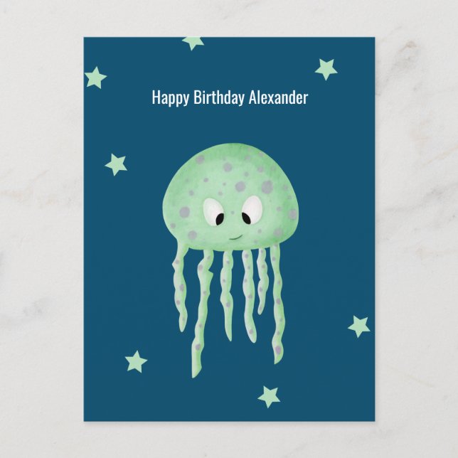 Under the Sea Jellyfish Personalized Blue Birthday Postcard (Front)