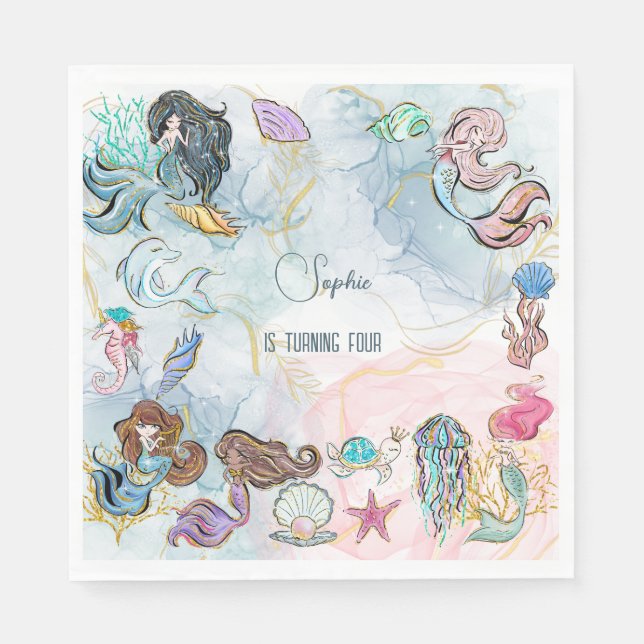 Under the sea lovely Mermaids birthday Napkin (Front)