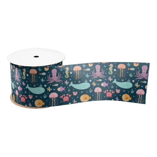Under the Sea Marine Animals Swimming in the Ocean Satin Ribbon (Spool)