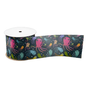 Under the Sea Marine Life Cartoon Dark Background Satin Ribbon