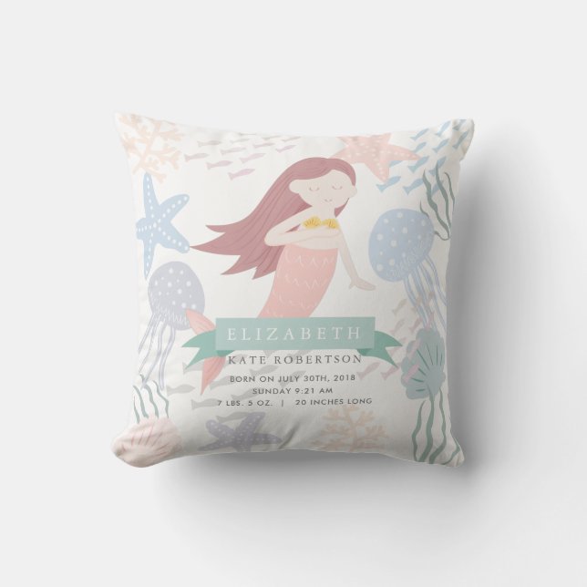 Under the Sea Mermaid Baby Birth Stats Throw Pillow (Front)