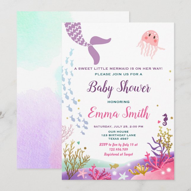 Under the Sea Mermaid Baby shower Invitation Girl (Front/Back)