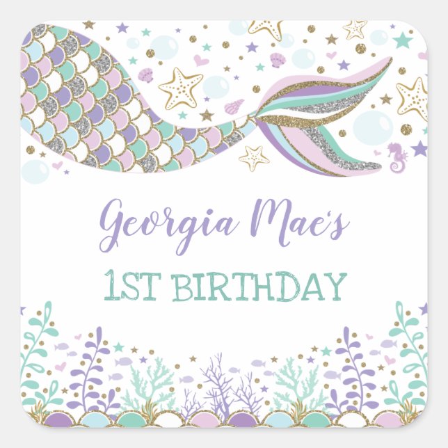 Under the Sea Mermaid Birthday Favour Beach Baby Square Sticker (Front)