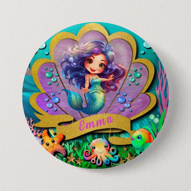 Under The Sea & Mermaid Birthday Girl Party 3 Inch Round Button (Front)