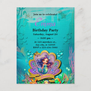 Under The Sea & Mermaid Birthday Girl Party Invitation Postcard