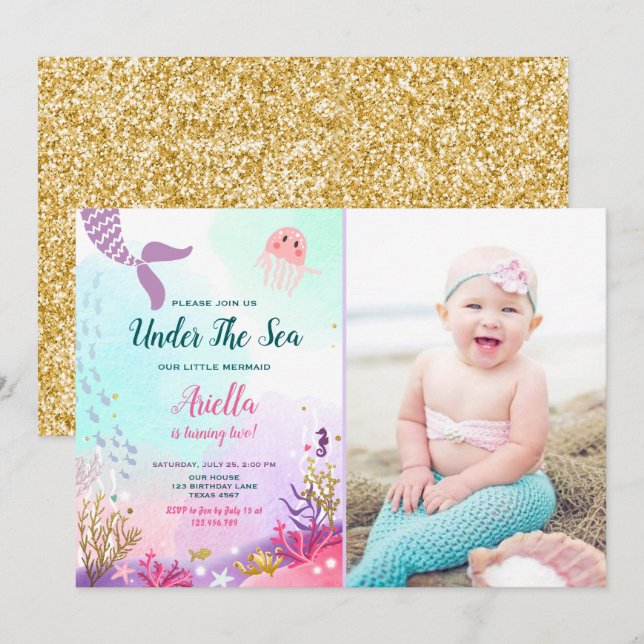 Under the Sea Mermaid Birthday Invitation Purple (Front/Back)