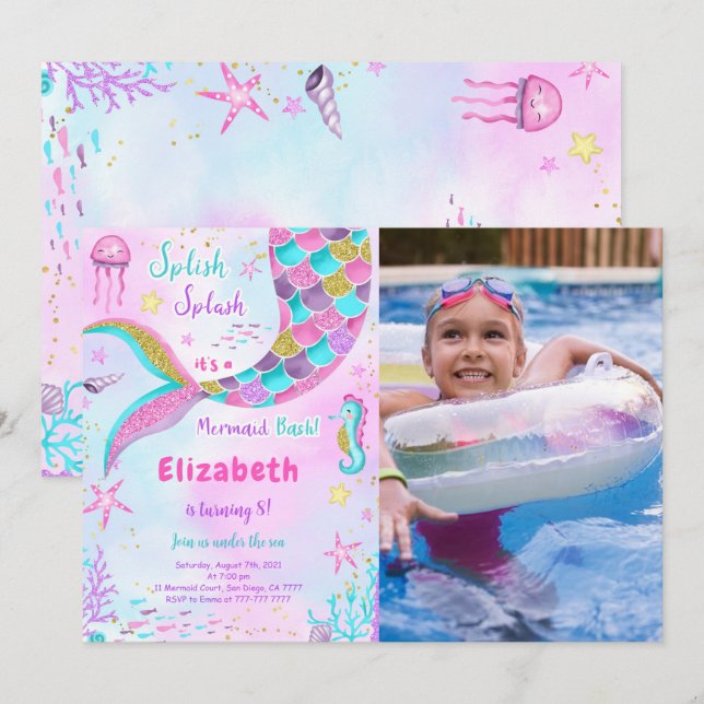 Under The Sea Mermaid Birthday Photo Invitation (Front/Back)