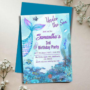 Under the sea mermaid blue & purple 3rd birthday invitation