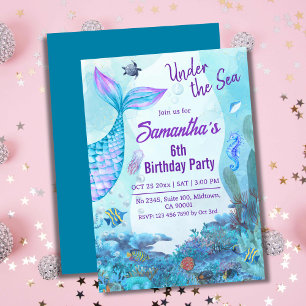 Under the sea mermaid blue & purple 6th birthday  invitation