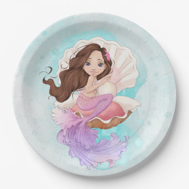 Under the Sea Mermaid (Brunette) in Oyster Shell  Paper Plate (Front)