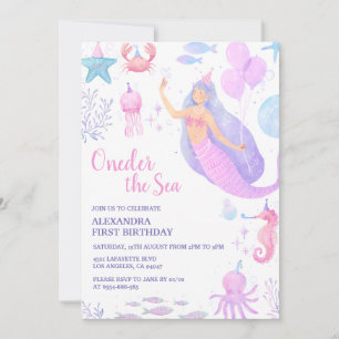 Under the Sea Mermaid Girl 1st Birthday Pastel Invitation