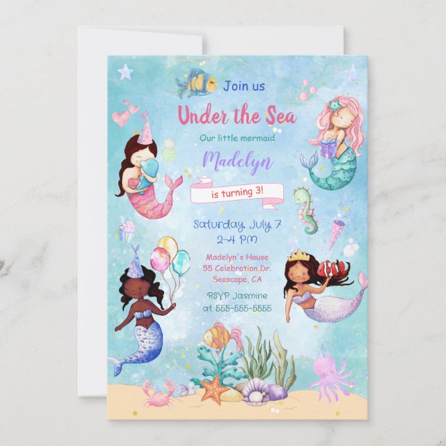 Under the Sea Mermaid Kids Birthday Invitation (Front)