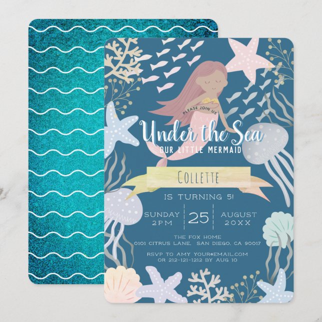 Under the Sea Mermaid Navy Birthday Invitation (Front/Back)