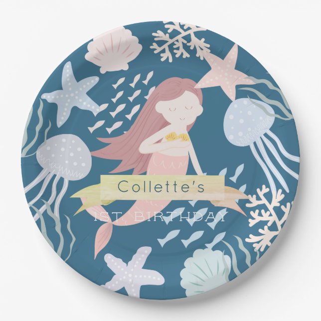 Under the Sea Mermaid Navy Blue Birthday Paper Plate (Front)