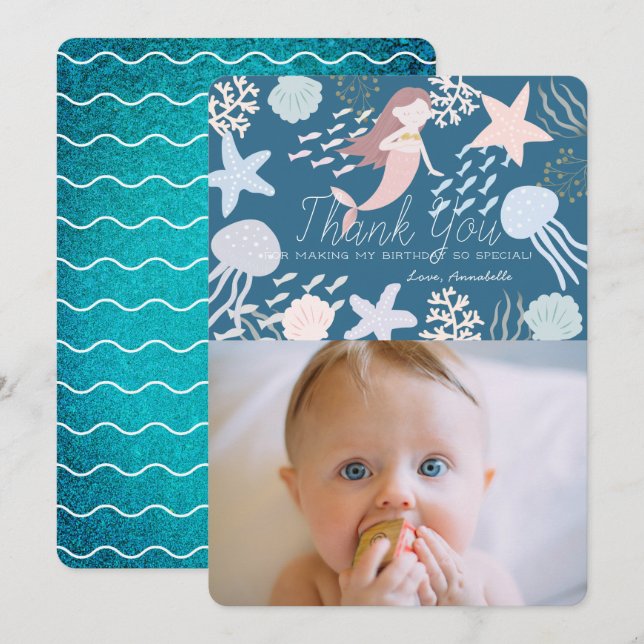 Under the Sea Mermaid Navy Photo Thank You Card (Front/Back)