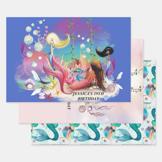 Under The Sea Mermaid Ocean Purple Turquoise Wrapping Paper Sheet (Set)