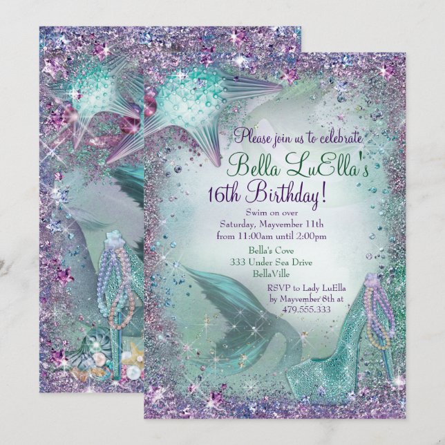 Under the Sea Mermaid Party Invitations (Front/Back)