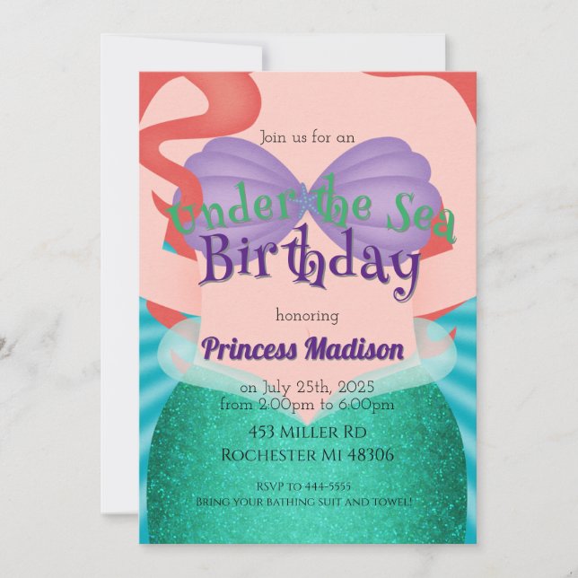 Under the Sea Mermaid Princess Birthday Invitation (Front)