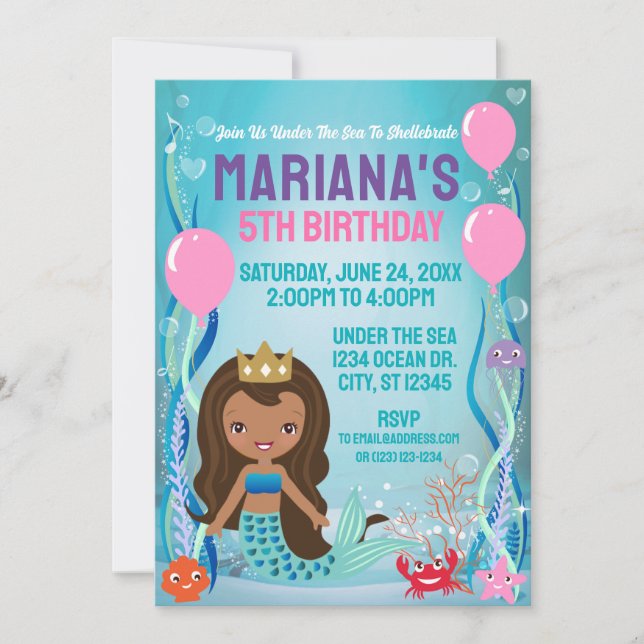 Under The Sea Mermaid Princess (black/brown) Invitation (Front)