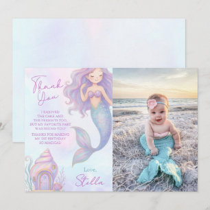 Under the Sea Mermaid Purple 1st Birthday Photo Thank You Card
